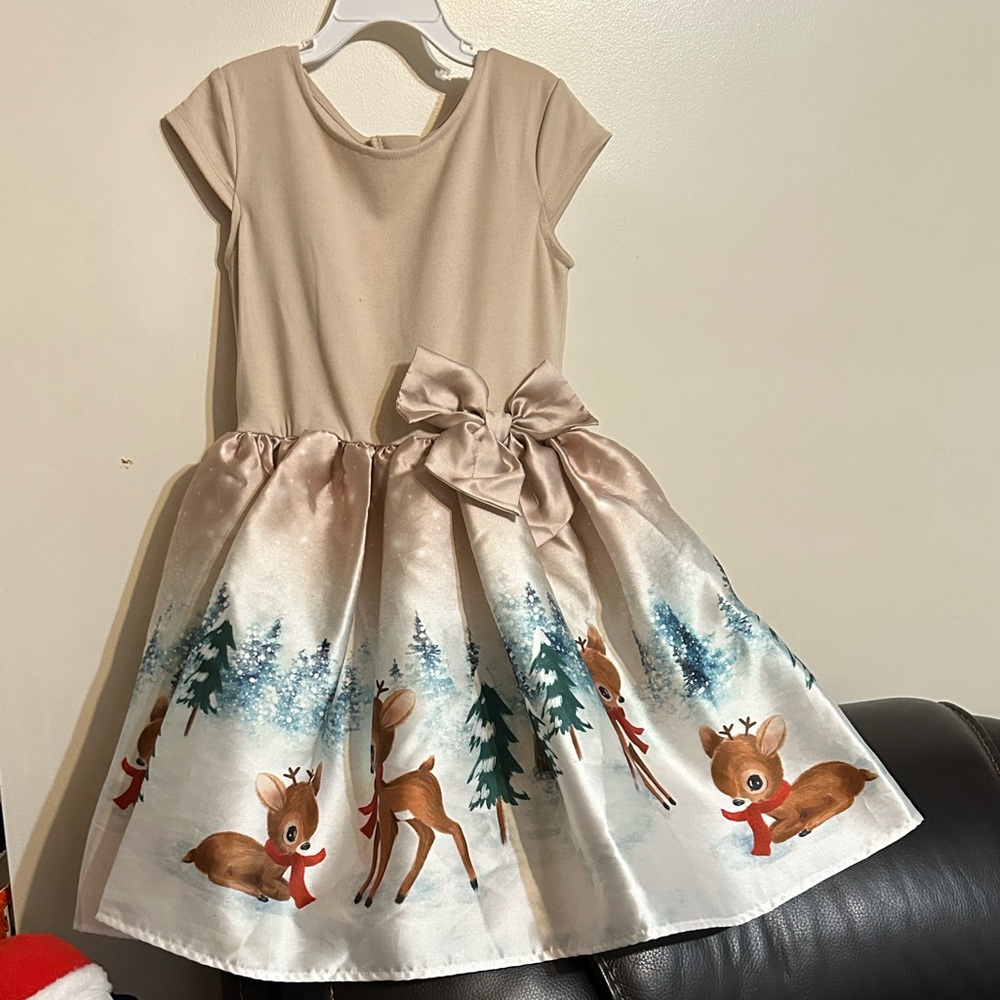 H&M Beige Dress with Reindeer Print